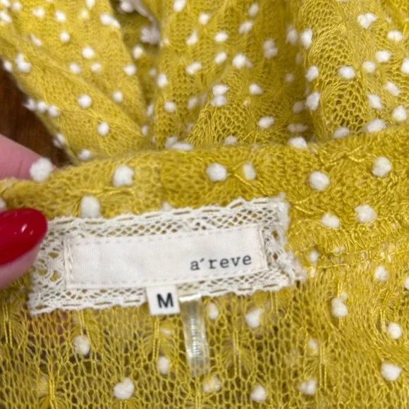 A’reve Mustard Yellow Lace Floral Ruffle Hem Cardigan Tunic Size Medium - Picture 3 of 11